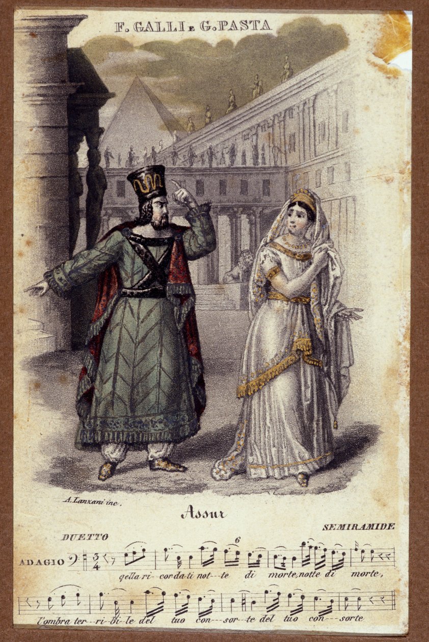 Duo Giuditta Pastan ja Filippo Gallin välillä Gioachino Rossinin (1792-1868) oopperassa "Semiramide" "(Semiramis) tekijältä Unknown artist