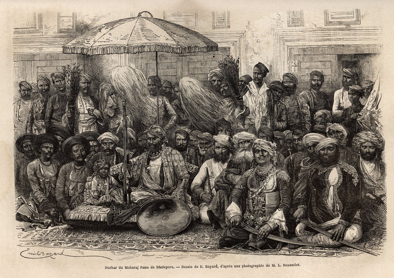 Durbar (ruhtinasvaltion feodaalinen ja oikeudellinen neuvosto) Maharaja Ranassa, Dholeporen valtakunnassa (Rajasthan). Kaiverrus l