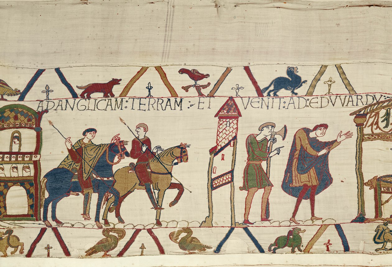 Earl Harold ratsastaa Boshamista Lontooseen, Bayeux Tapestry (villakirjonta pellavalle) tekijältä Unknown artist