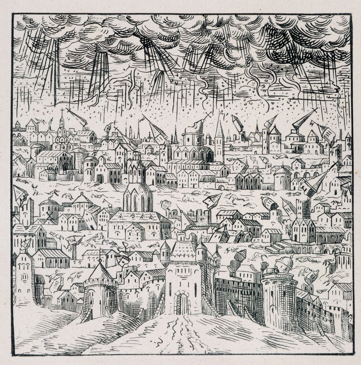 Maanjäristys Badenissa - "" Kokoelma 39 hahmosta, jotka edustavat Ranskan onnettomuuksia vuosina 1562-1586"; Louis Perrinin painatus tekijältä Unknown artist