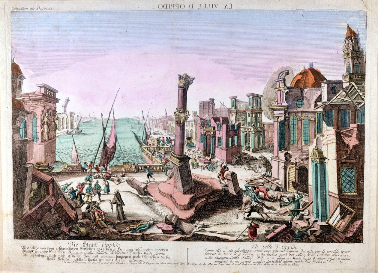 Oppido Mamertinan maanjäristys Calabriassa (Etelä-Italiassa) 15. helmikuuta 1783. tekijältä Unknown artist