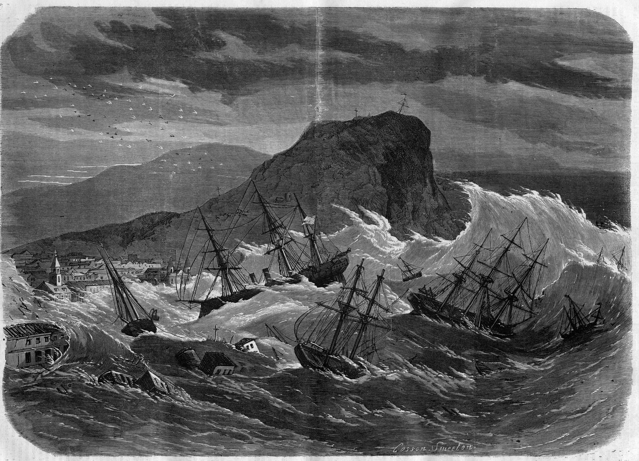 Perun maanjäristys: tsunami upottaa Arican kaupungin syyskuussa 1869 - Kaiverrus "" Le Journal Illustré" tekijältä Unknown artist