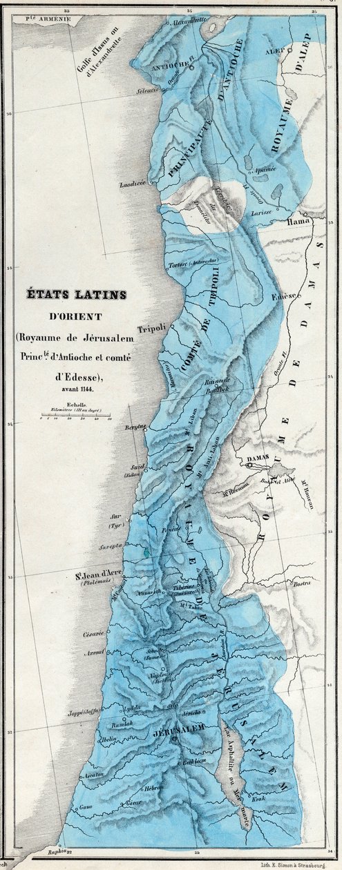 Itäiset Latinalaiset osavaltiot ennen vuotta 1144 - Jerusalemin kuningaskunta - Antiokian prinsippi - Edessan kreivi - Kartan laatinut M J-H Schnitzler, Historiallinen ja maalauksellinen atlas 1858 tekijältä Unknown artist