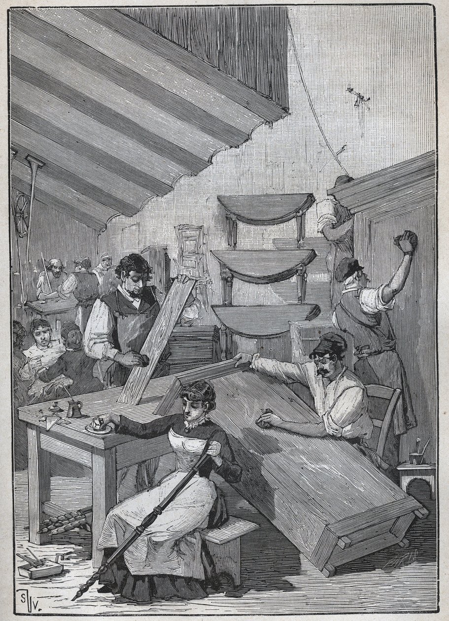 Ebenisterie: leimalakkauspaja. Kaiverrus vuodelta 1885 kirjassa "Les arts et metiers illustres", kirjoittanut Adolphe BITARD. tekijältä Unknown artist