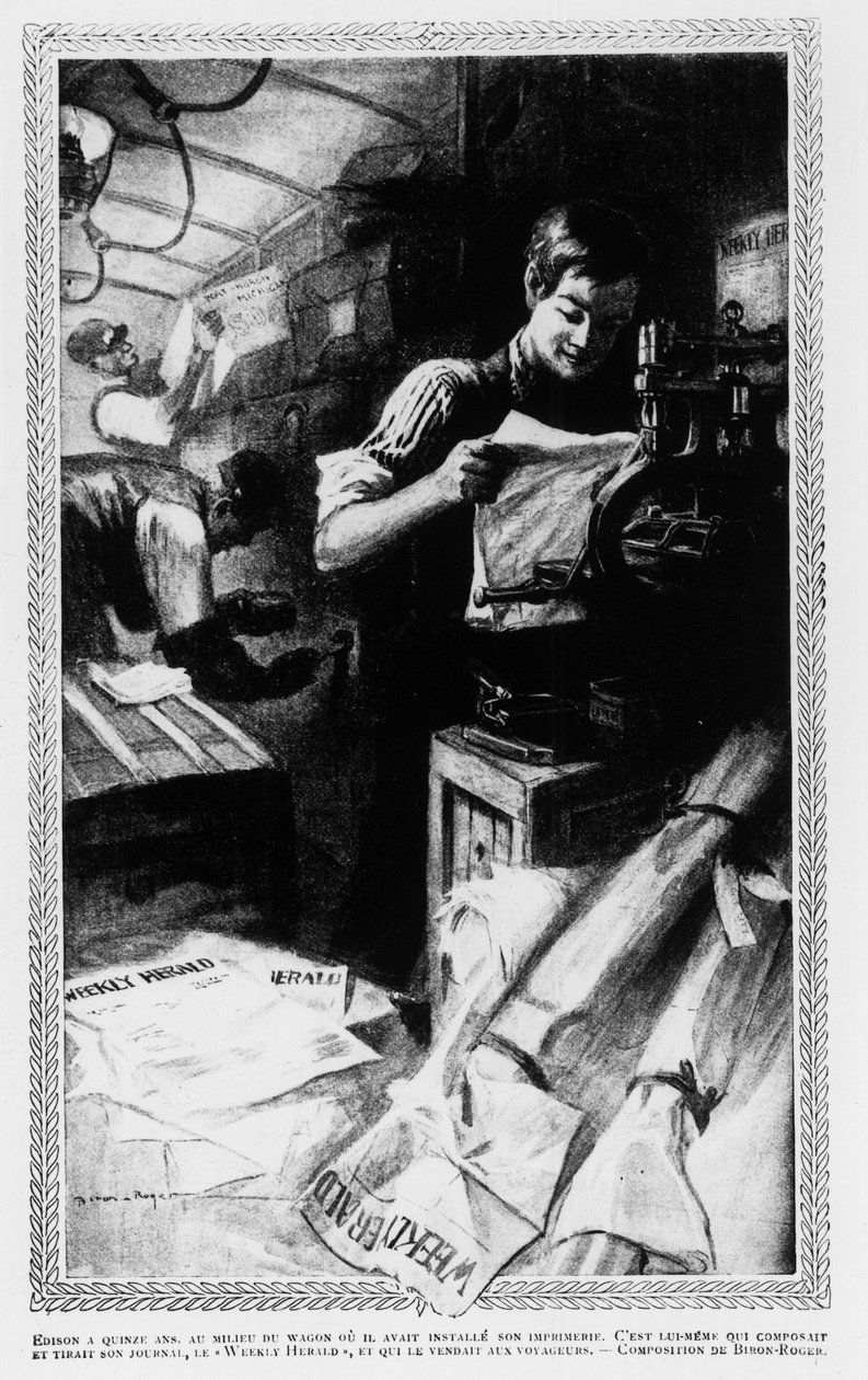 Edison, 15, keskellä autoa, johon hän asensi kirjapainonsa. Hän kirjoitti ja painoi sanomalehtensä, Weekly Heraldin, ja myi sen matkailijoille. tekijältä Unknown artist