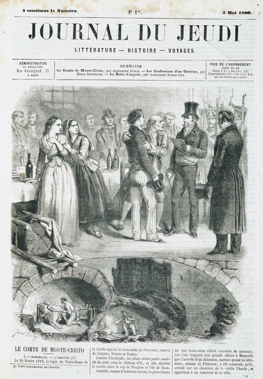 Edmond Dantes, Monte Criston kreivi (Monte Cristo) pitää vastaanoton - "" Le Journal du Torstai -lehdessä" 3.5.1860 alkaen tekijältä Unknown artist