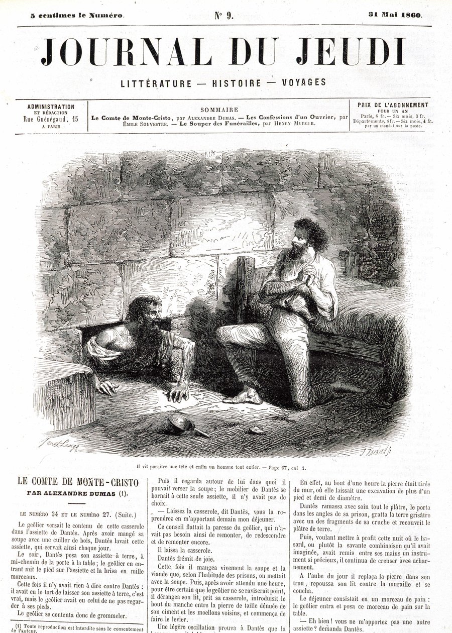 Edmond Dantes, Monte Criston kreivi (Monte Cristo) tapaa Abbe Farian vankilan onton tunnelin ansiosta - "" Le Journal du Thursdays" -lehdessä 31.5.1860 tekijältä Unknown artist