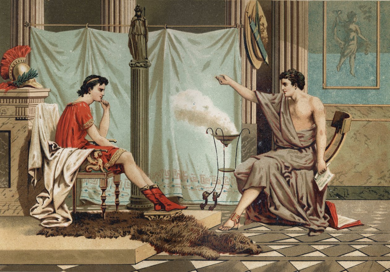 Filosofi Aristoteleen Aleksanteri Suuren (356 - 323 eKr.) koulutus (384 eKr. - 322 eKr. Louis Figuierin "Tiede ja sen miehet") mukaan. Barcelona tekijältä Unknown artist
