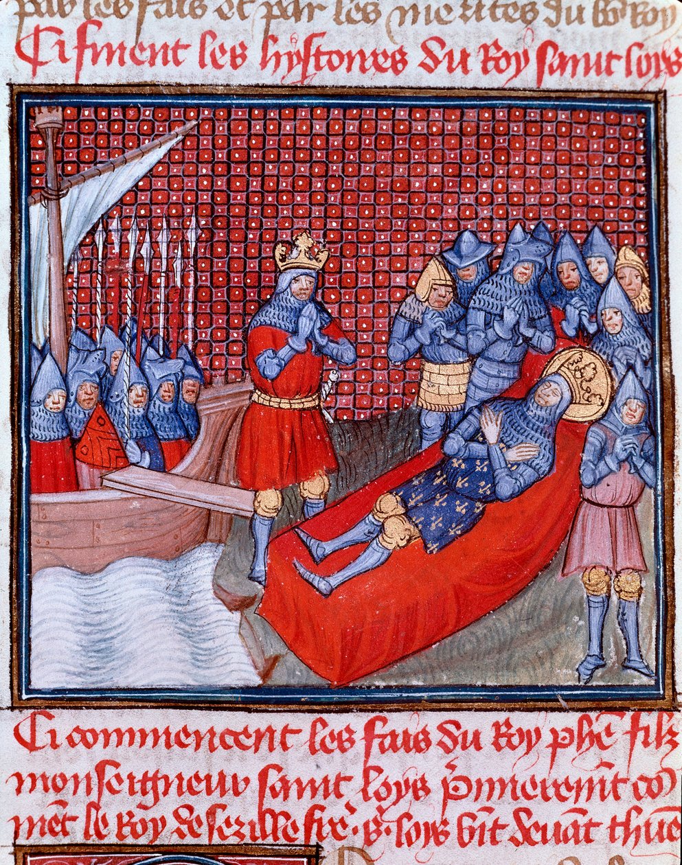 Kahdeksas ristiretki: "" Saint Louisin kuolema Tunisissa 25. elokuuta 1270"" Miniatyyri otettu Jean Froissartin (1337-1400) "" Les grandes Chronicles de France -kirjasta" 1400-luvun Chantilly, Musee Conde tekijältä Unknown artist