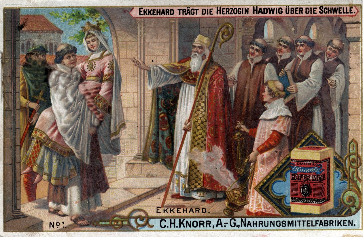 Ekkehard IV St. Gallenista (St. Gallen) tai Eckhard, Eckhart (980 -1057) oppinut ja latinalainen runoilija. Ekkehard saa herttuatar Hadwigin ylittämään kynnyksen. tekijältä Unknown artist