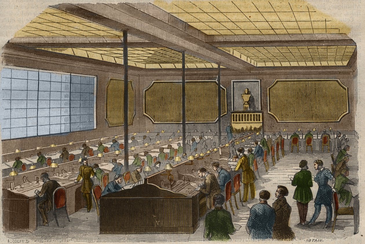 Sähköinen lennätin: näkymä Ranskan sisäministeriön lennätinlinjojen keskusasemalta Pariisissa. Kaiverrus vuodelta 1856 "" Le Musee Des Sciences "" tekijältä Unknown artist