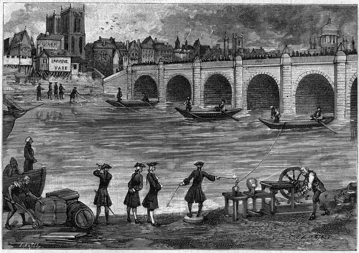 William Watson (1715-1787), englantilainen fyysikko, suoritti sähköliittikokeen Thames-joen rannalla 1700-luvulla. Kaiverrus "" La Nature: revue des sciences et de leurs applications aux arts et a l
