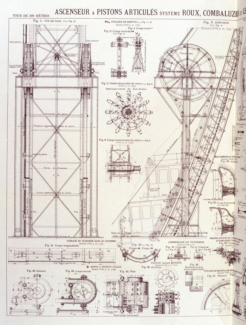 Eiffel-tornin hissi ja nivelmännät (Roux-Combaluzier-järjestelmä) - teollinen muotoilu tekijältä Unknown artist