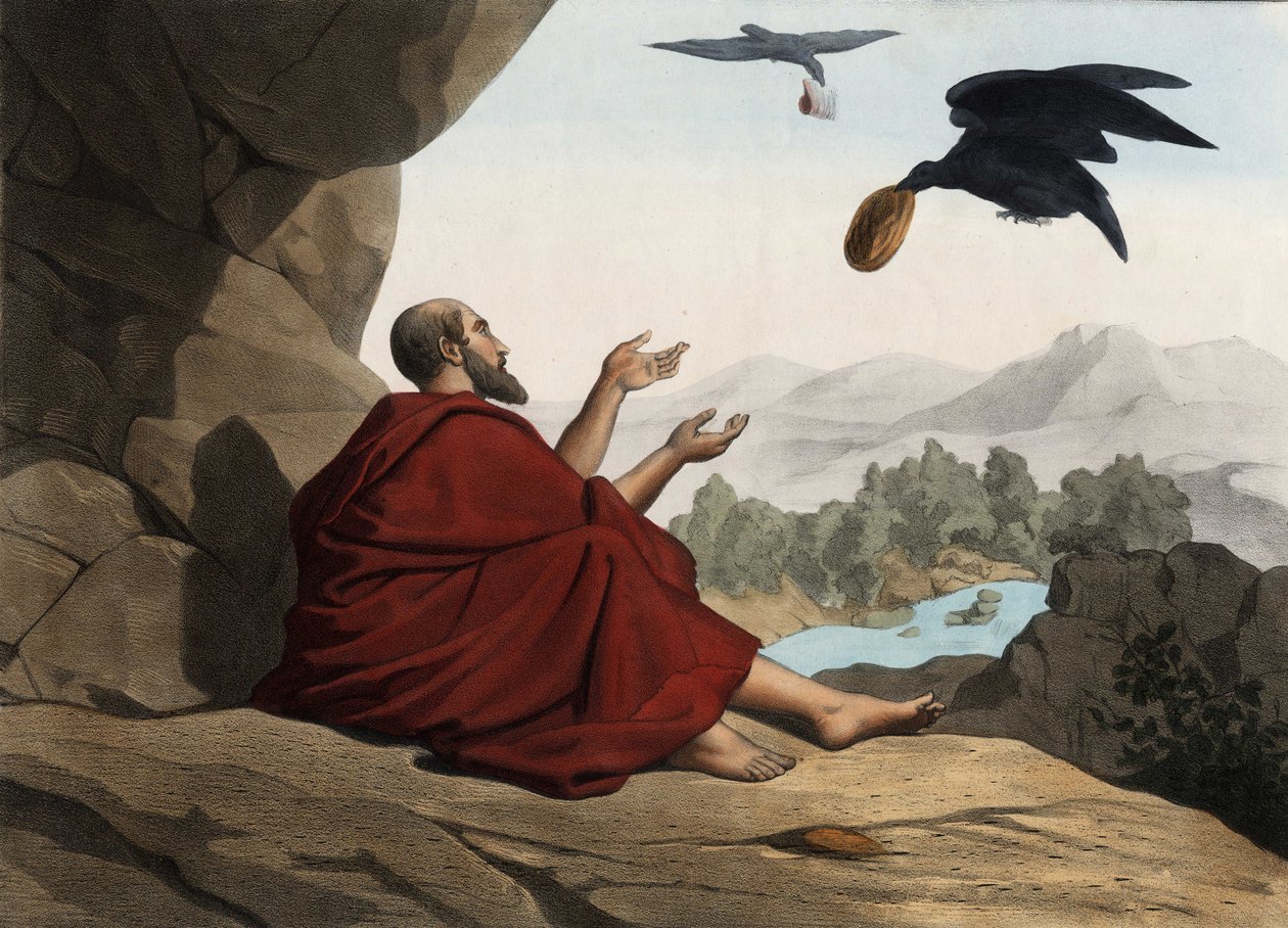 Variset ruokkivat Eliaa, joka on Kerith-virran piilossa. Anonyymi kaiverrus 1800-luvun puolivälistä. tekijältä Unknown artist