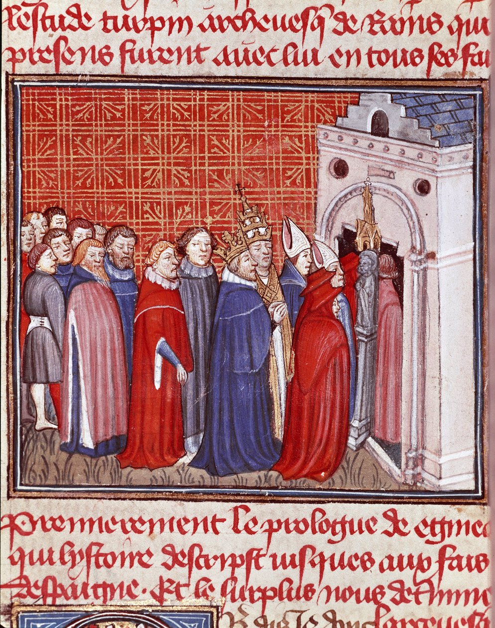 Keisari Kaarle (742-814) kruunuja astuu kirkkoon, jota seuraa pienoisprelaatit "" Les grandes Chronicles de France" -kirjasta" 1400-luvun Chantilly, Musee Conde tekijältä Unknown artist