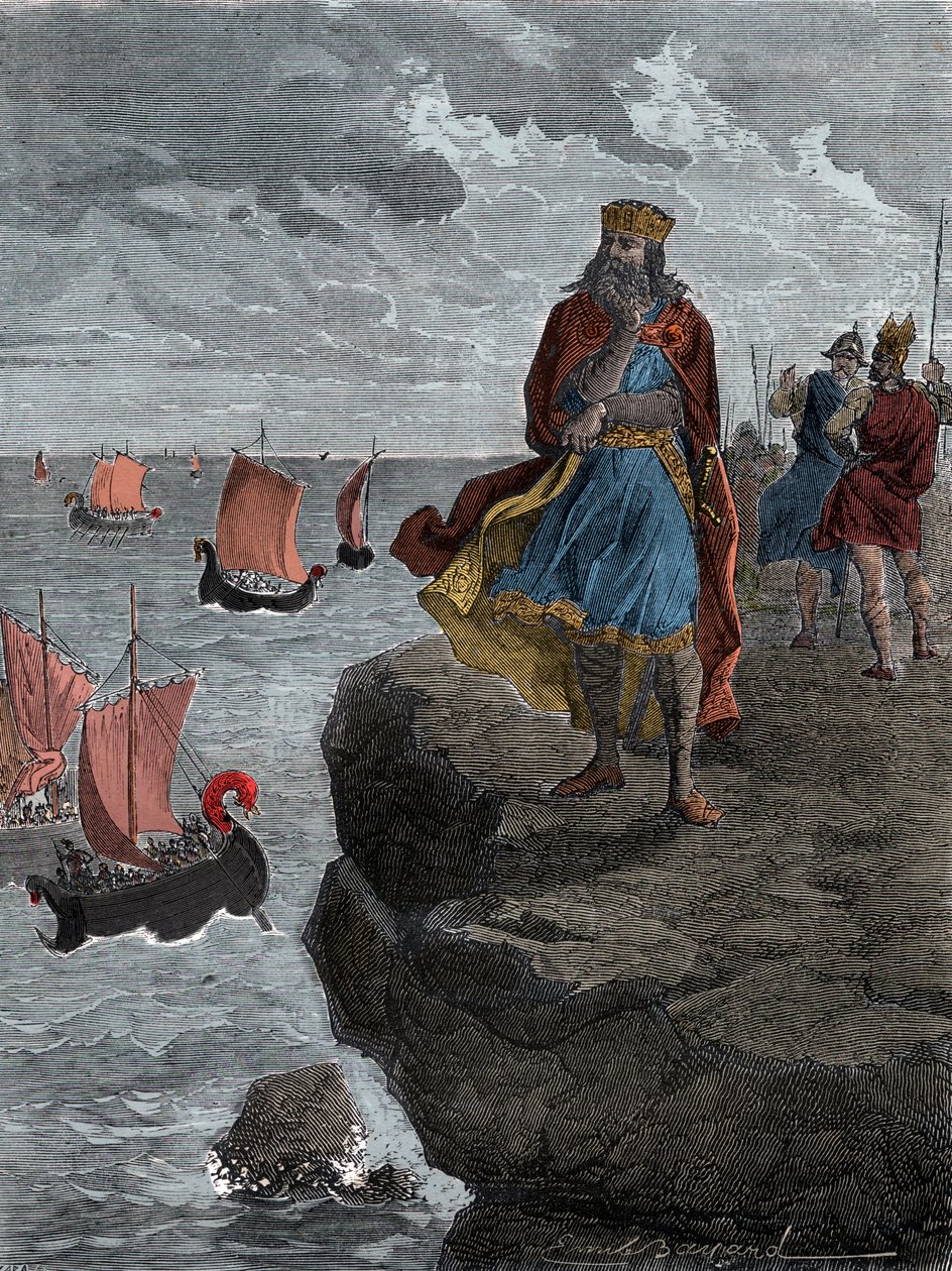 Keisari Kaarle (Carlo Magno) katselee normannilaisten alusten saapumista – Kuningas Kaarle (742/747-814), frankkien kuningas, katsoo aluksia, jotka ovat täynnä tunkeutuvia norjalaisia tekijältä Unknown artist
