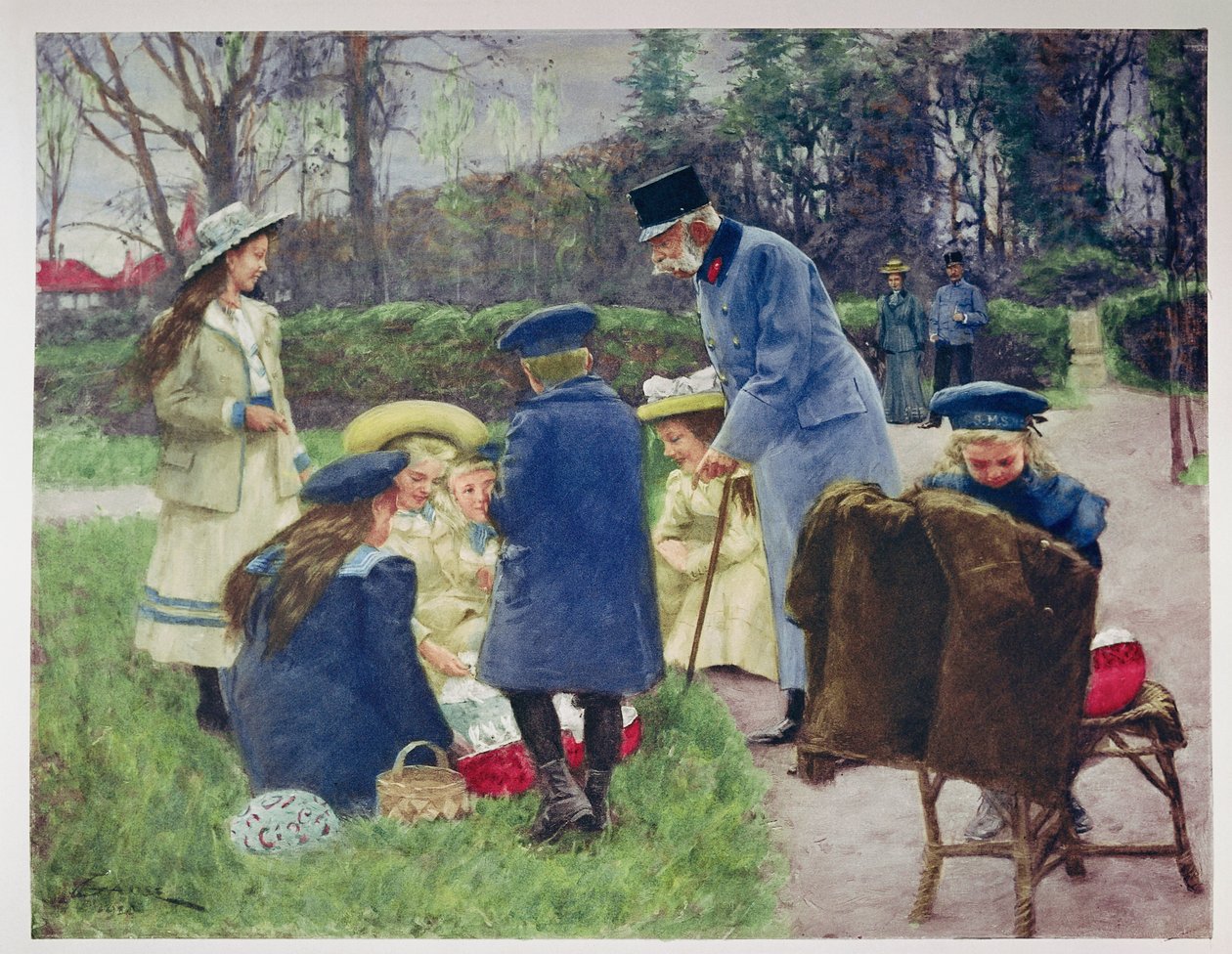 Keisari Franz Joseph katselee tyttärentytärtään huvilansa puistossa Ischlissä, Ylä-Itävallassa. tekijältä Unknown artist