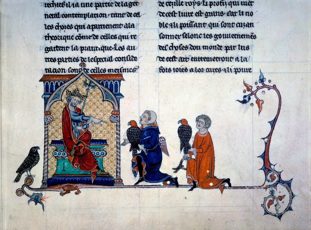 Keisari Frederic II (1194-1250) vastaanottaa pienoishaukkametsästäjiä "Lintujen kanssa metsästyksen taiteesta" tekijältä Unknown artist