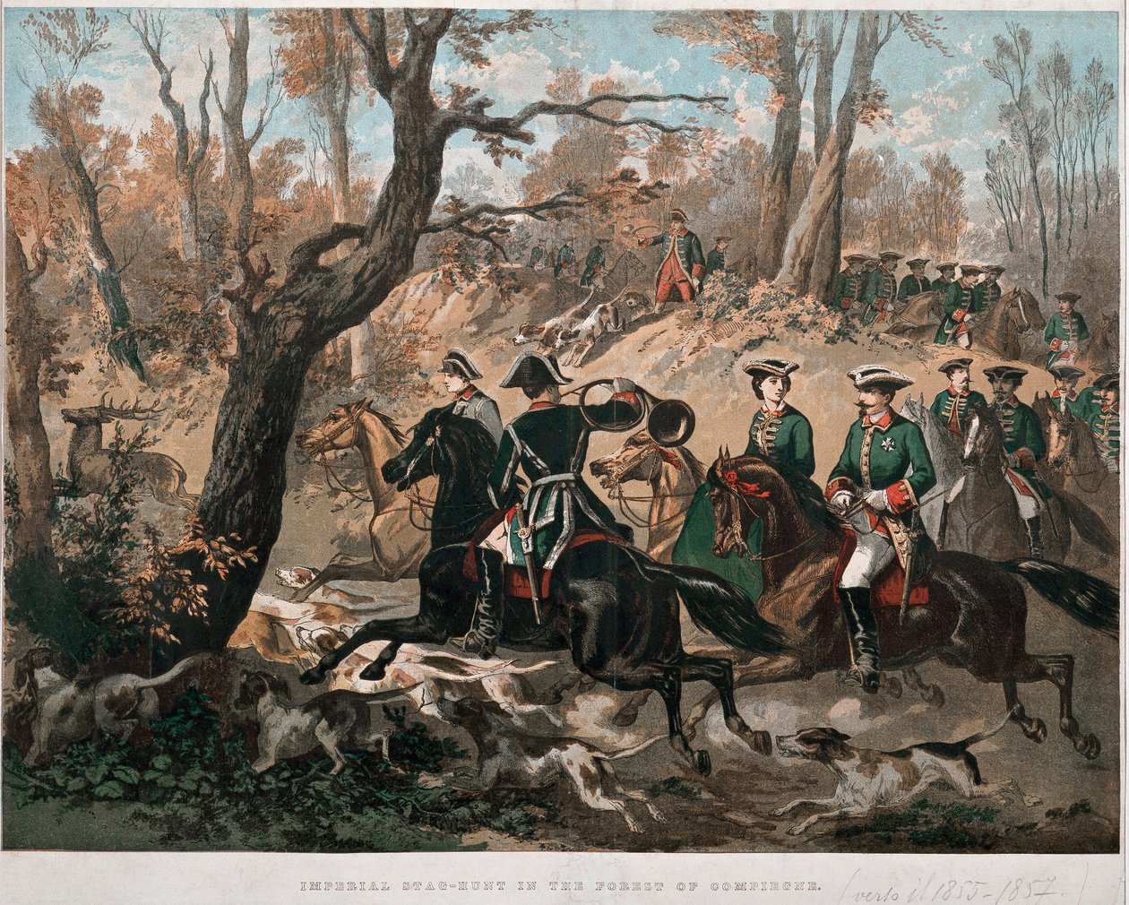 Keisari Napoleon III (1808-1873) ja hänen vaimonsa Eugenia de Montijo (1826-1920) kävelevät värillisen Compiegnen litografian metsässä noin 1855 Milanon Museo del Risorgimento tekijältä Unknown artist