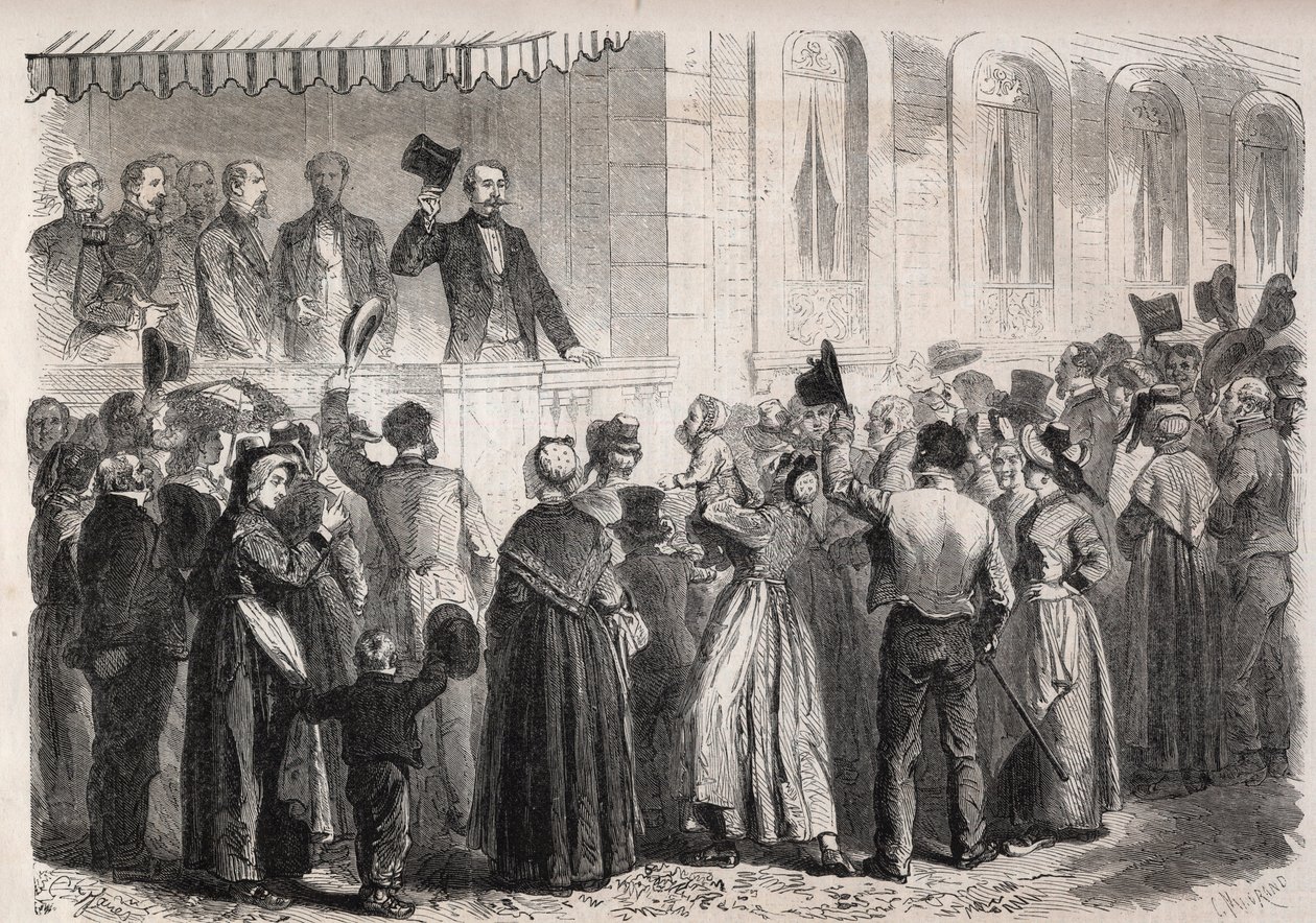 Keisari Napoleon III (1808-1873) Strauss a Vichyn huvilan terassilla, maaseudun ihmiset tervehtivät sunnuntaina 7. heinäkuuta 1861 - Kaiverrus "" The Illustrous World"" tekijältä Unknown artist