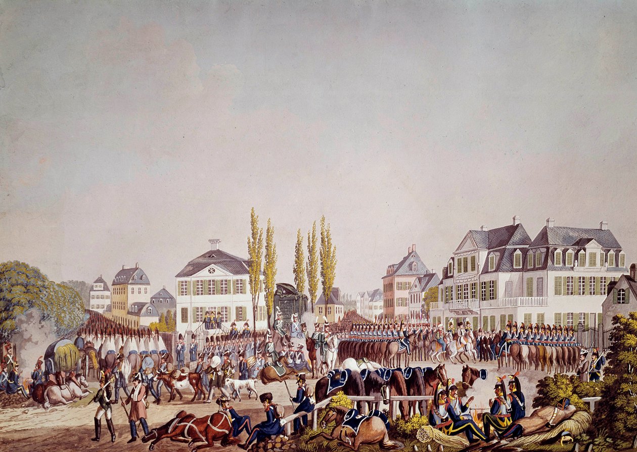 Keisari Napoleon I (1769-1821) arvioi joukkoja Frankfurtissa. Kaiverrus vuodelta 1813. Frankfurt, Historiallinen museo tekijältä Unknown artist
