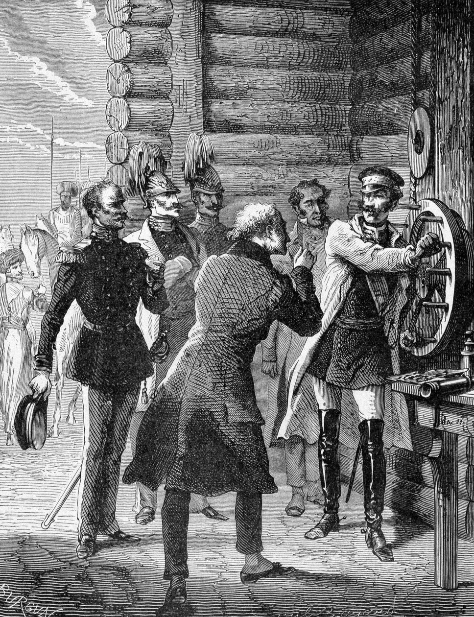 Keisari Nikolai I suoritti ensimmäisen testin Pietarista Varsovaan kulkevalle lennätinlinjalle vuonna 1838. Kaiverrus 1800-luku tekijältä Unknown artist