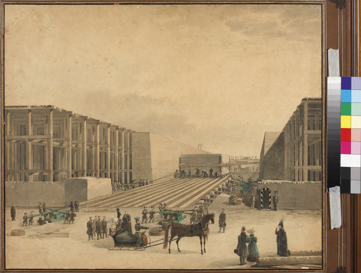 Keisari Nikolai I vierailemassa Aleksanterin pylvään rakennustyömaalla - Anonymous. Akvarelli paperille, vuoden 1836 jälkeen. Pietarin valtionhistoriallinen museo tekijältä Unknown artist