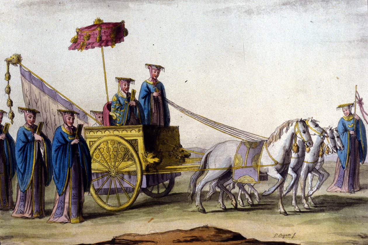 Ming-dynastian keisari vaunuissaan - teoksessa "Le costume ancien et moderne"", kirjoittanut J. Ferrario, toim. Milano tekijältä Unknown artist