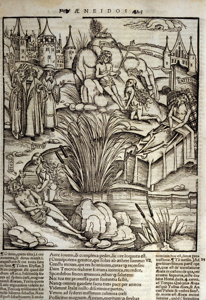 Eneide de Virgil (70 eKr.-19 eKr.), Kirja XII, Troijan sankari Eneet kohteli Venus ihmeellisesti, ja sitten hän päätti hyökätä Latinuksen kaupunkiin. Lazion kuningas kuolee (oikealla), ja Eneestä tulee kuningas, joka ytimentää edesmenneen Lavinin tytärtä tekijältä Unknown artist
