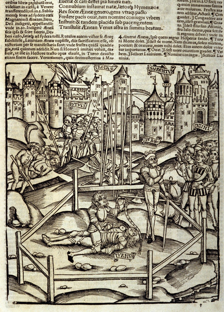 Eneide de Virgil (70 eKr.-19 eKr.), Kirja XII, Troijan sankarit Enee tappaa Turnus-taistelussa latinalaisten ja rutuleen silmien alla. Ksylografia Sebastian Brant (1458-1521). Strasbourg tekijältä Unknown artist