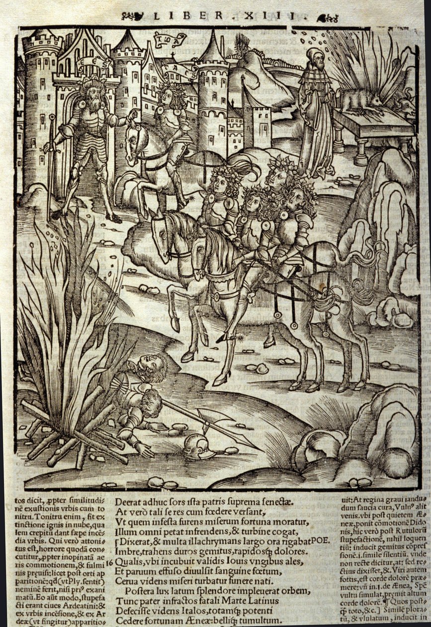 Eneide de Virgil (70 eKr.-19 eKr.), kirja XIII (supplementum), troijalainen sankari Enee ottaa vastaan latinalaiset, uhrataan sodan uhrien kunniaksi. Ksylografia Sebastian Brant (1458-1521). Strasbourg tekijältä Unknown artist