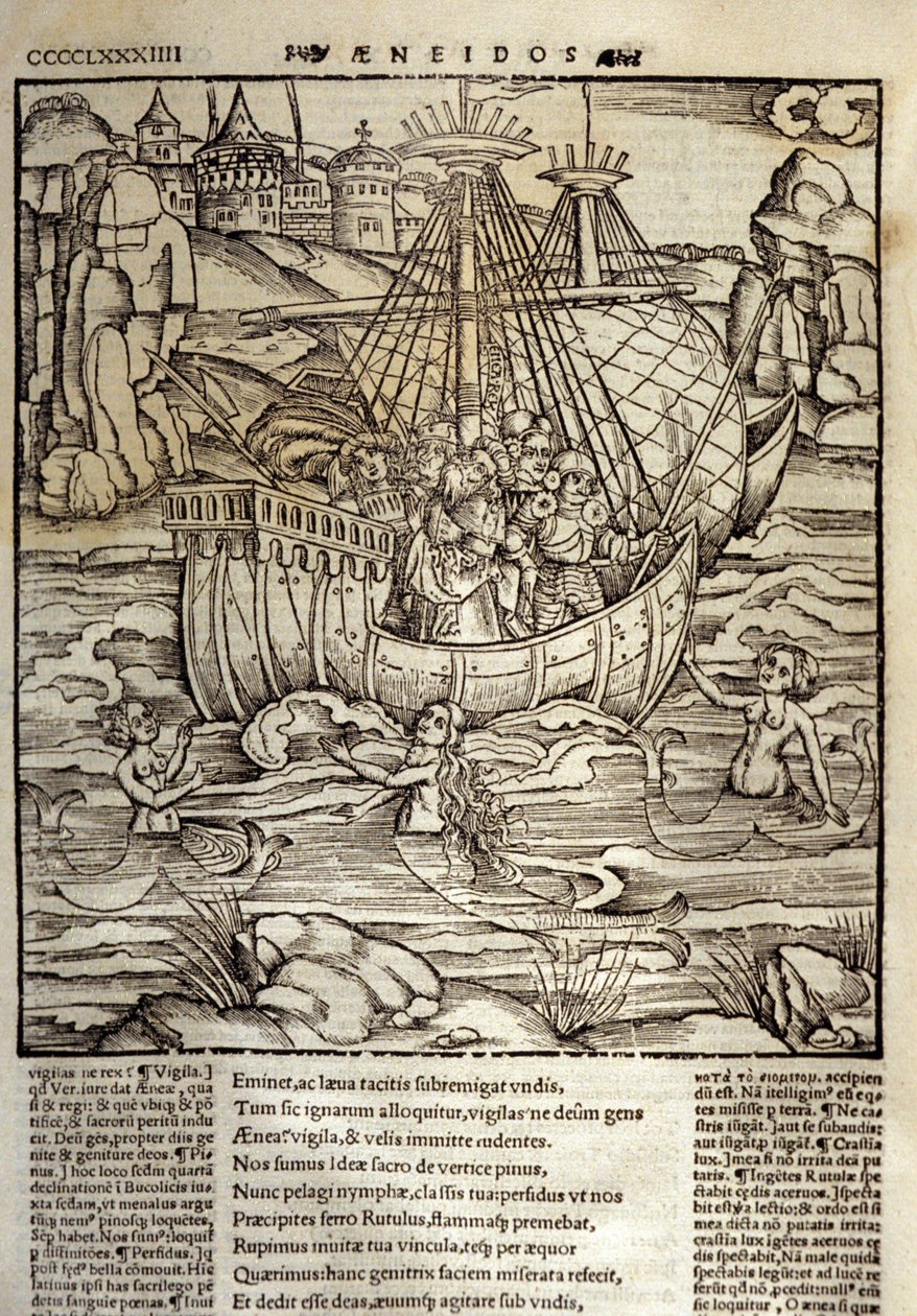 Eneide de Virgil (70 eKr.-19 eKr.), Troijan sankari Enee ja hänen toverinsa ylittävät meren, joka on täynnä sireeniä. Ksylografia Sebastian Brant (1458-1521). Strasbourg tekijältä Unknown artist