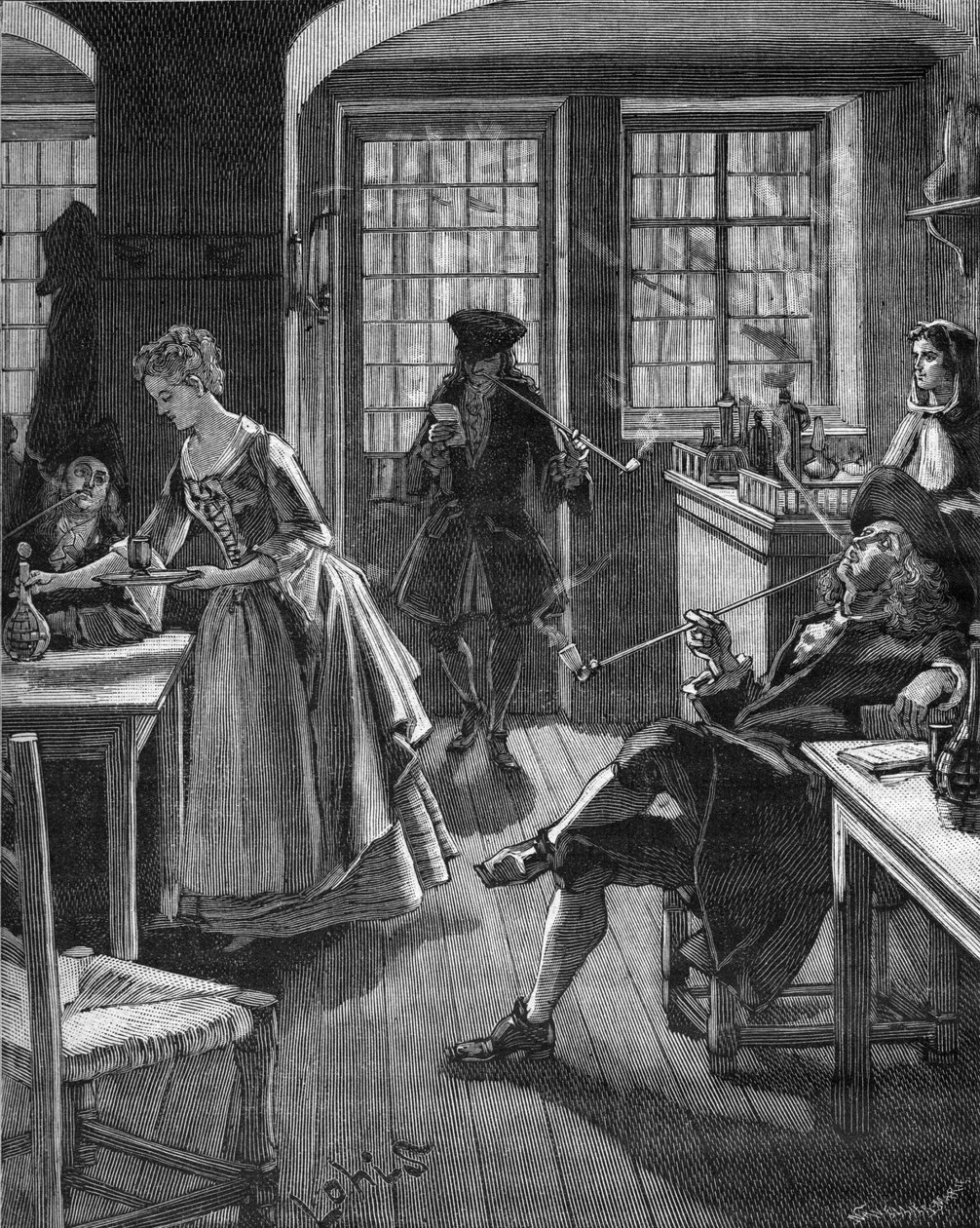 Englanti, 1600-luvun loppu: miehet tupakoivat kahvilassa. Kaiverrus 1800-luvulta. Jules Micheletin teoksessa "Histoire de France". tekijältä Unknown artist