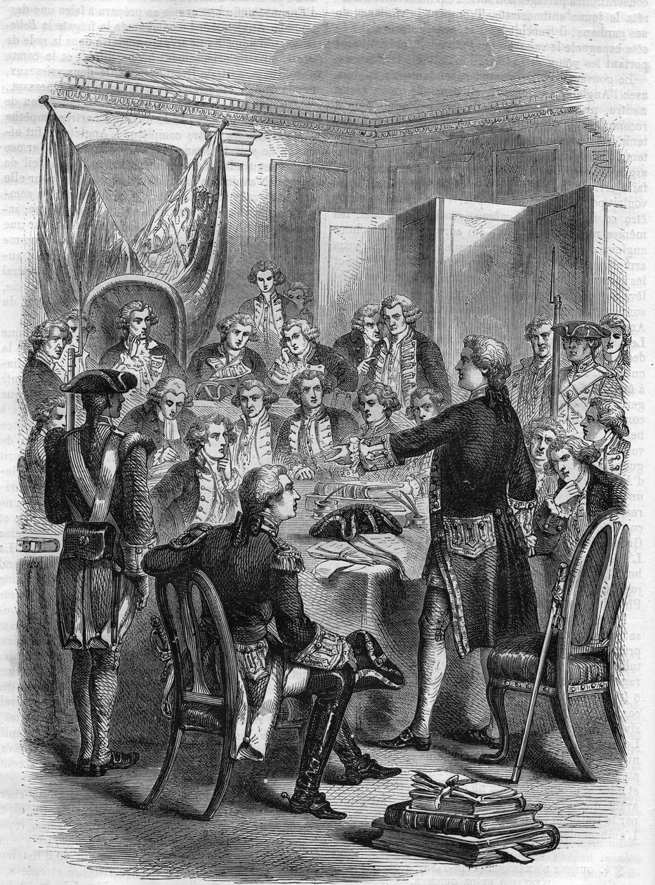 Englantilainen amiraali Augustus Keppel ennen sotaneuvostoa OUESANTIN MERISTAISTELMAN jälkeen (100 merimailia saaresta länteen, Amerikan vapaussodan aikana) 27. heinäkuuta 1778. tekijältä Unknown artist