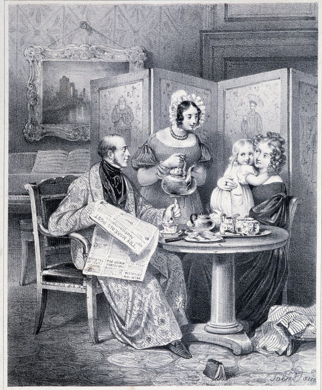 Englantilainen pariskunta teetä juomassa 1800-luvulla. tekijältä Unknown artist