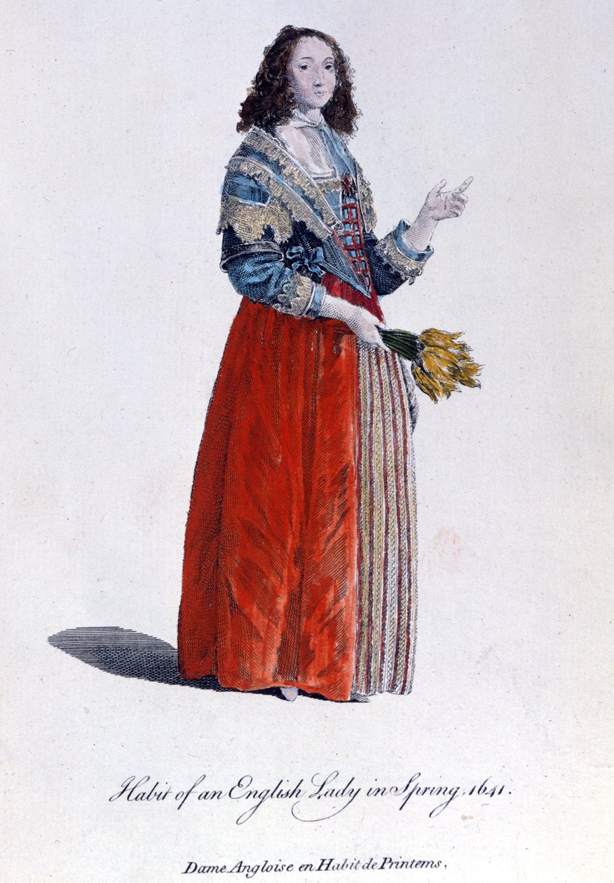 Englantilainen nainen kevätmekossa 1641. 1800-luvun kaiverrus. tekijältä Unknown artist