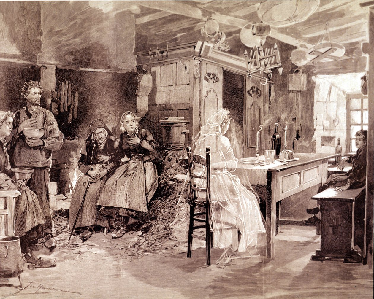 Kaiverrus, joka kuvaa bretonilaista legendaa, jonka mukaan merellä kuolleiden ihmisten haamut esittelevät itsensä rakkailleen joka 1. marraskuuta. tekijältä Unknown artist