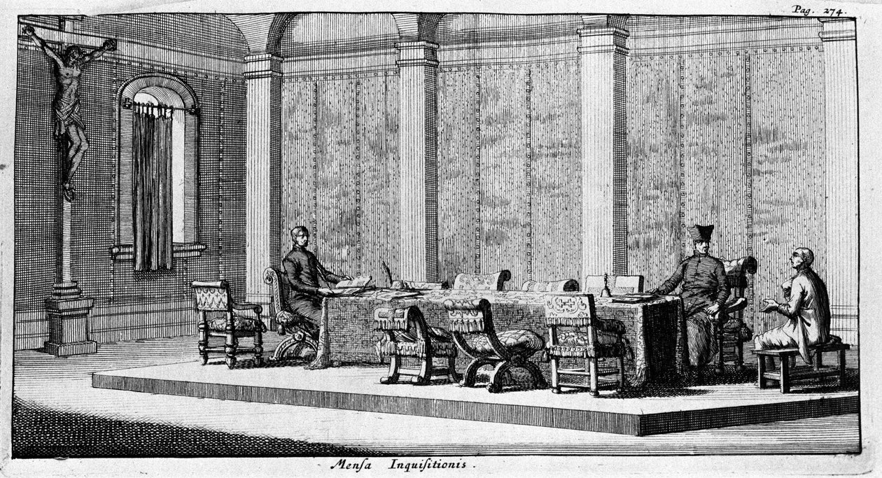 Kaiverrus, joka edustaa kuulustelua Inkvisition Tribunalissa. 17. vuosisata tekijältä Unknown artist
