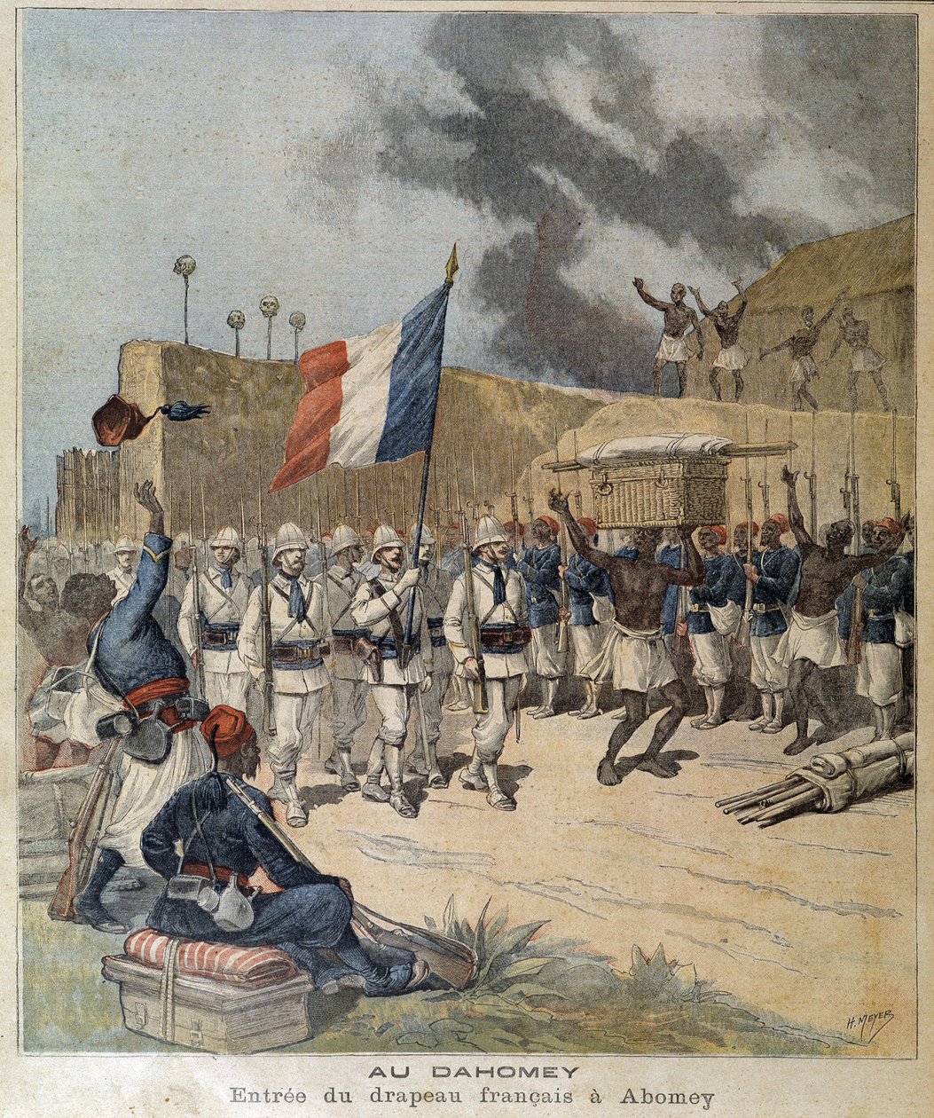 Ranskan lipun sisäänkäynti Abomeyssa (Dahomey = Benin tänään) - couv. "Pikku päiväkirja" 10.12.1892. tekijältä Unknown artist