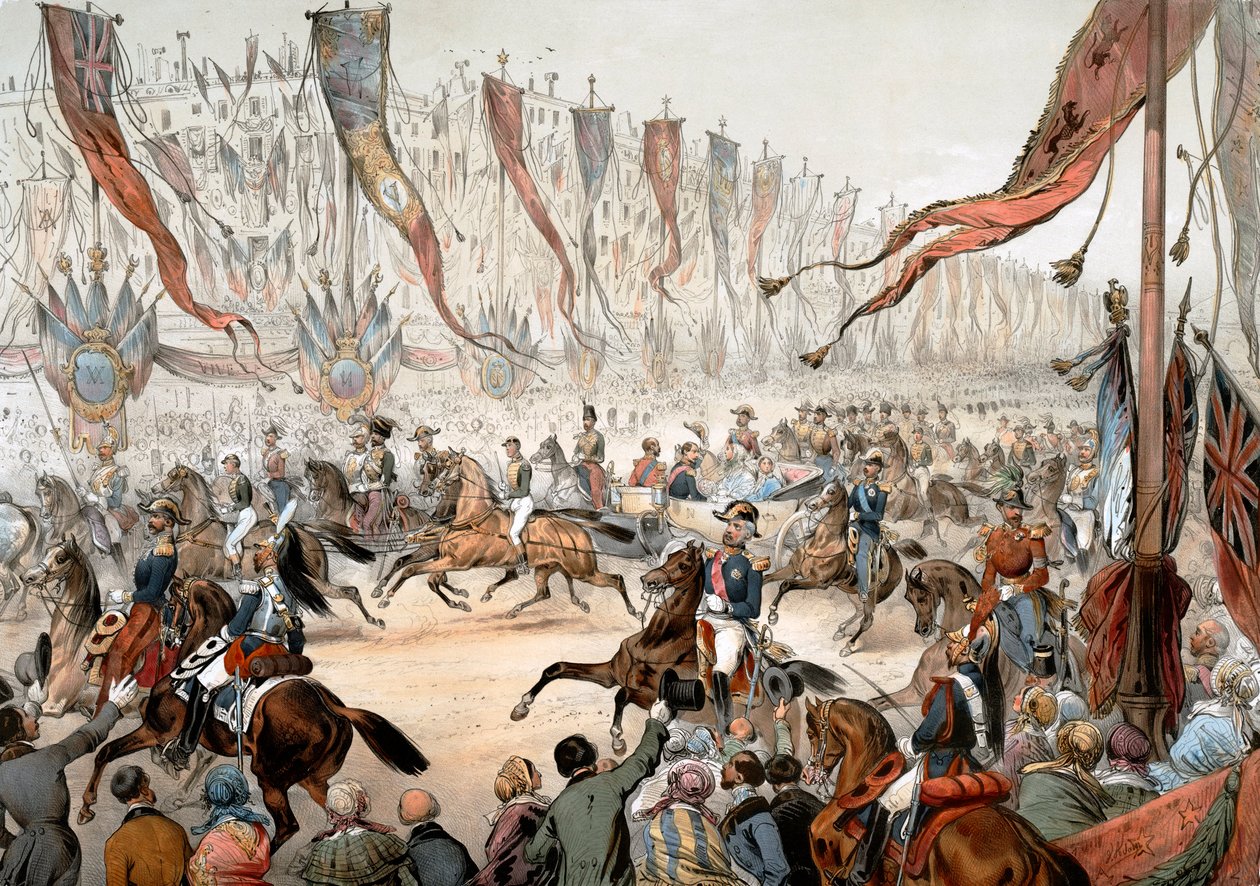 Englannin kuningattaren Victorian alkupala Pariisissa Napoleon III:n läsnäollessa 18. elokuuta tekijältä Unknown artist