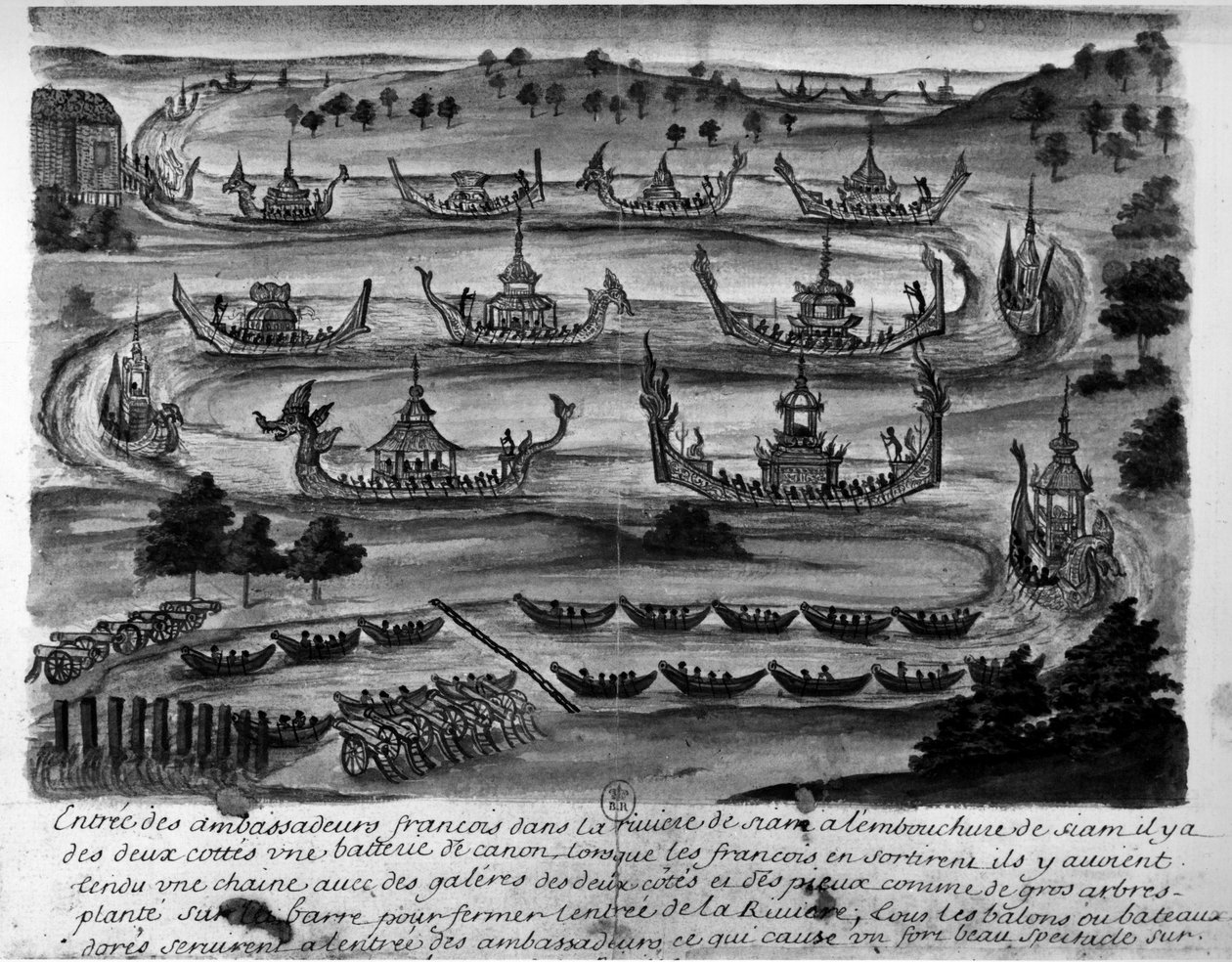 Ranskan suurlähettiläiden pääsy Siam-joelle - "" Voyages du kingdom de Siam, historique de 1688"". tekijältä Unknown artist