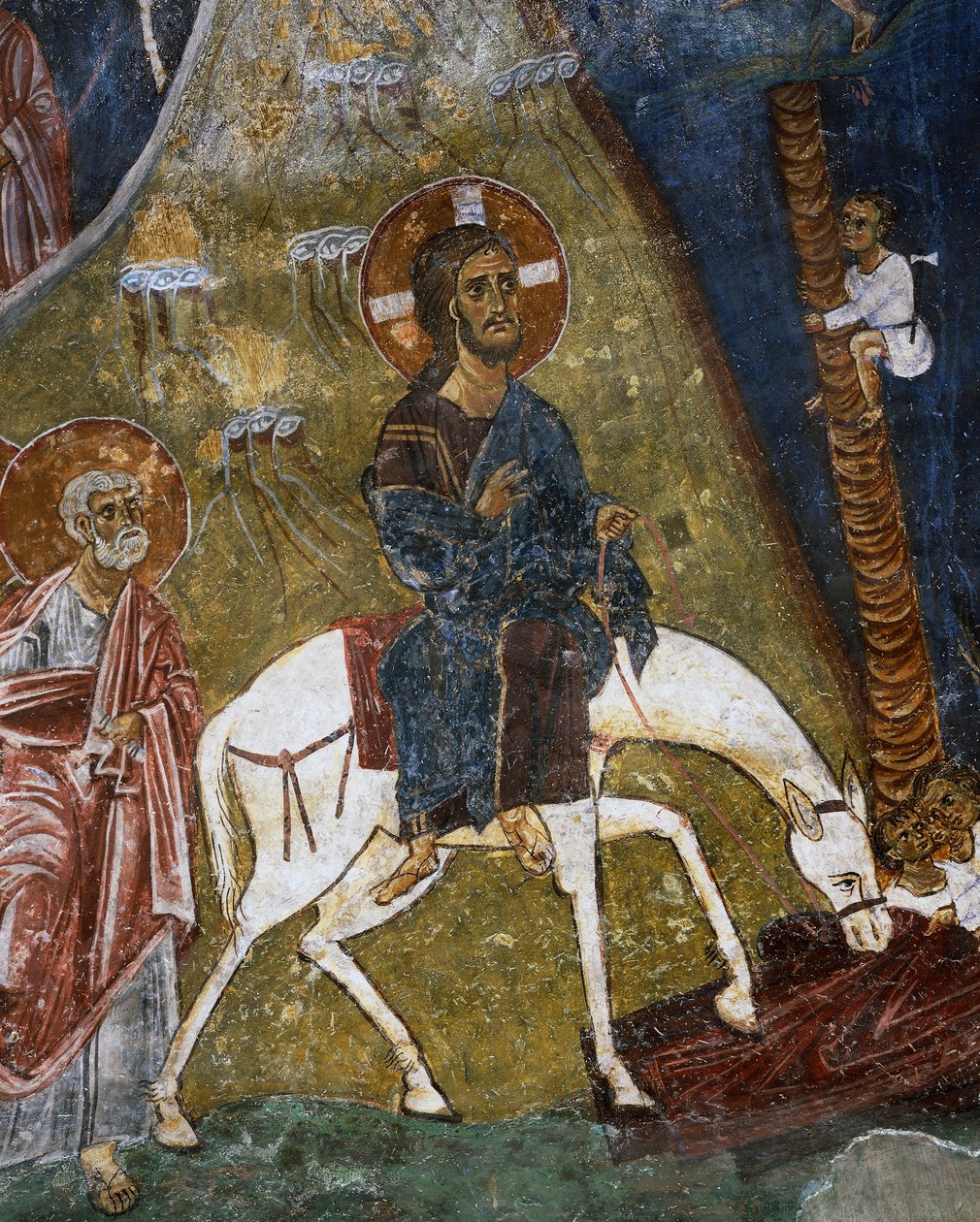 Kristuksen saapuminen Jerusalemiin, fresko (1100-luku), Ayios Nikolaos tis Steyis (Pyhä Nikolaus Katto) (1000-luku) (Unescon maailmanperintöluettelo, 2001), Troodos-vuoret, Kypros, yksityiskohta tekijältä Unknown artist