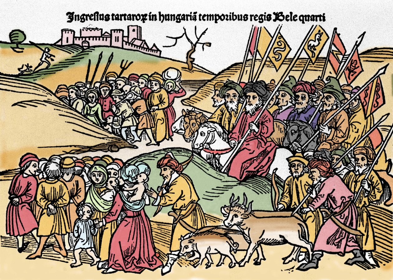 Tataarien saapuminen Unkariin Bela IV:n (1235-1270) vallan alla. Kaiverrus kirjasta "Chronica Hungariae". Biblioteca Marciana, Venetsia. tekijältä Unknown artist