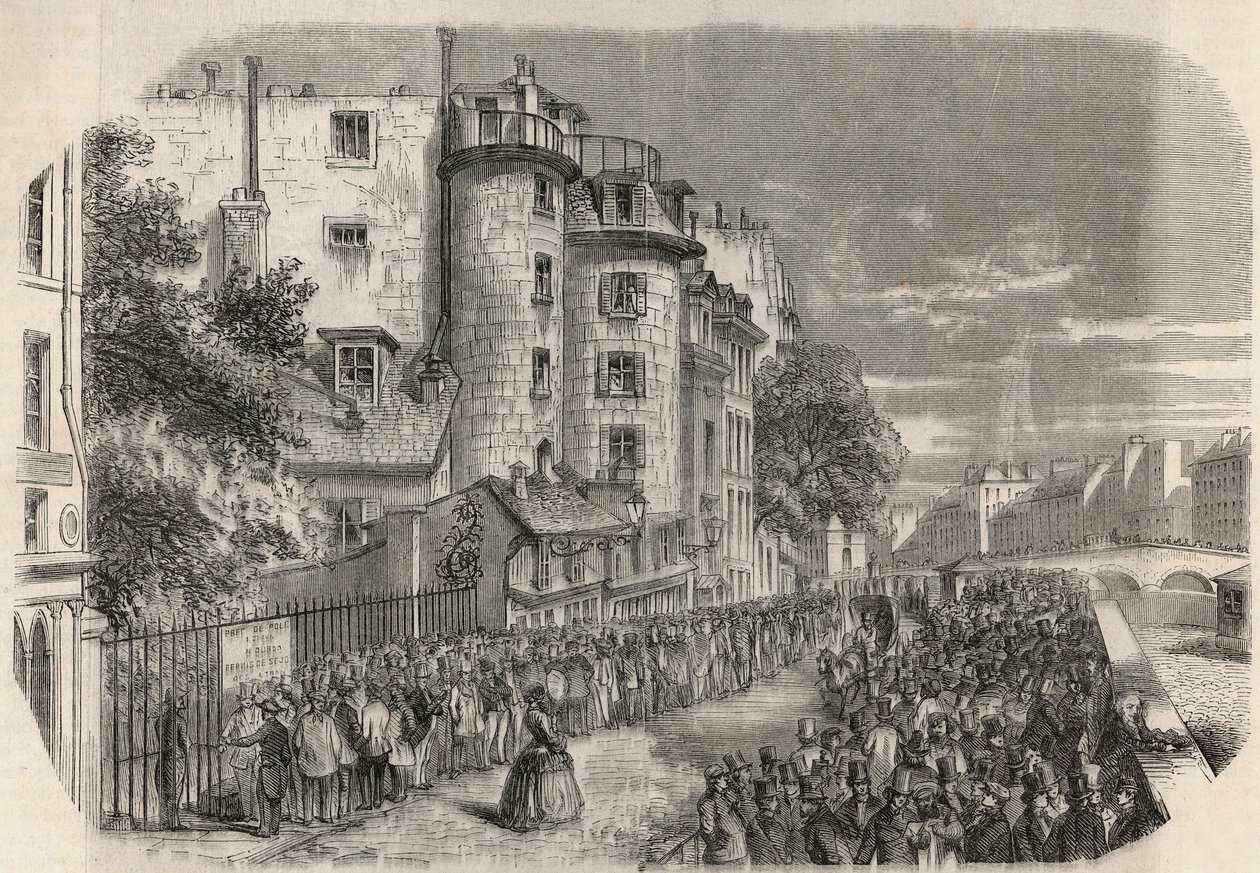 Poliisiprefektuurin sisääntulo rue de Jerusalemin varrella Quai des Orfevresin kulmassa Pariisissa 1800-luvulla ennen vuotta 1871 - Edmond Texierin kaiverrus Tableau-de-Parisissa 1852. tekijältä Unknown artist