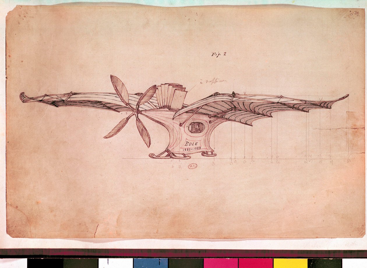 Eolen lentävä kone. Clement Aderin lentokoneen esitys. Anonyymi piirros noin 1882-1889. Pariisi, Ilmamuseo tekijältä Unknown artist