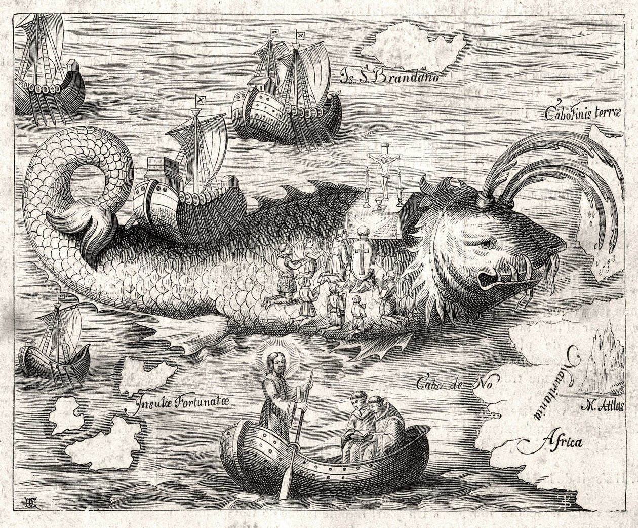 Episode of the Legend of Saint Brandan (Brendan): 6. vuosisadan irlantilaisen luostarin fantastinen matka etsimään maallista paratiisia. Painos vuodelta 1621. tekijältä Unknown artist