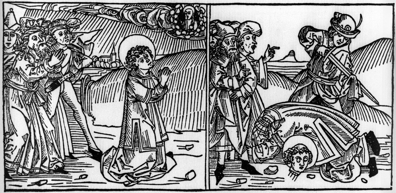 Jakso Pyhän Donatin elämästä (kuoli noin 355) Kaiverrus "Leben der Heiligen - sommerteil" (Pyhän kirja), jonka on kirjoittanut Jacobus (James) Voraginesta (1228-1298). Lyypekki 1488. tekijältä Unknown artist