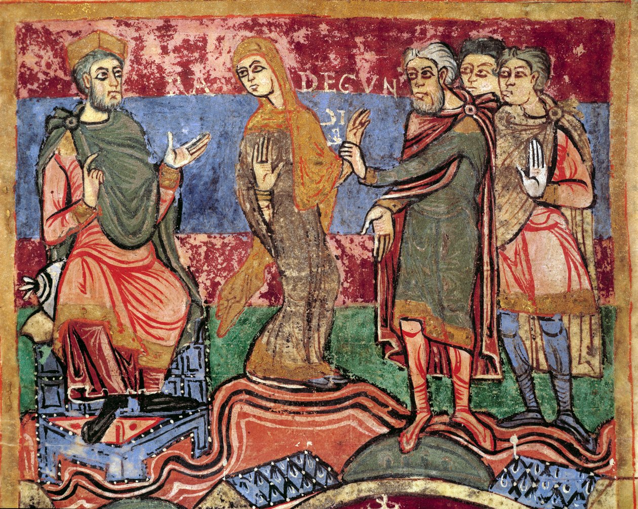 Episodi Saint Radegonden (Radegundis) of Poitiers (519-587), frankkien kuninkaan Clotaire I:n vaimon elämästä: Radegondea johtaa kuningas Clotaire I. Miniatyyri 1000-luvun käsikirjoituksesta. Poitiersin kaupunginkirjasto. tekijältä Unknown artist