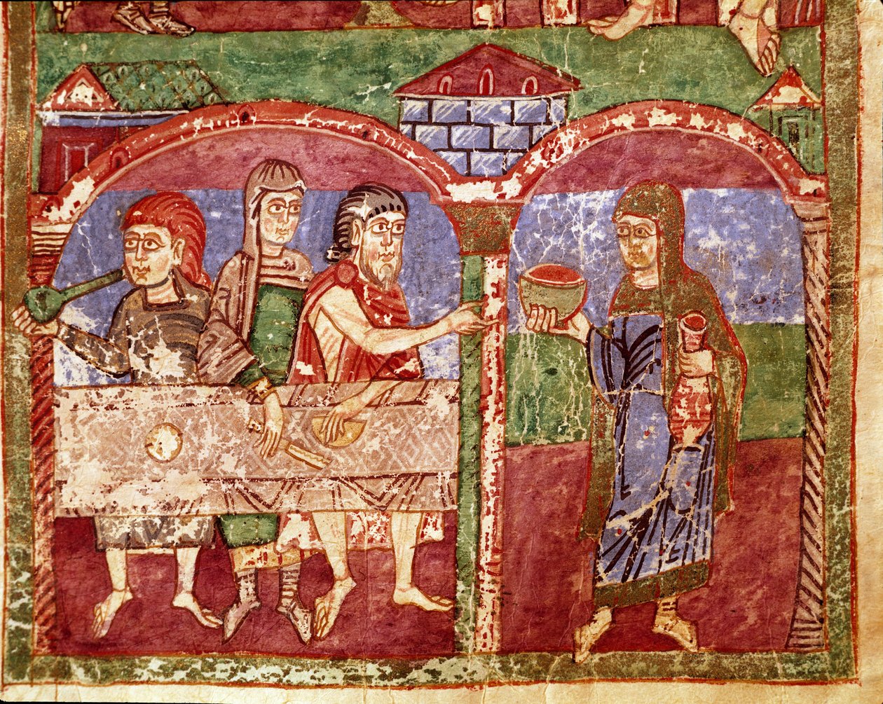 Episodi frankkien kuninkaan Clotaire I:n vaimon Sainte Radegonde (Radegundis) de Poitiersin (519-587) elämästä: Radegonde palvelee hyväntekeväisyystyönsä aikana köyhien pöydässä. Miniatyyri 1000-luvun käsikirjoituksesta. Poitiersin kaupunginkirjasto tekijältä Unknown artist