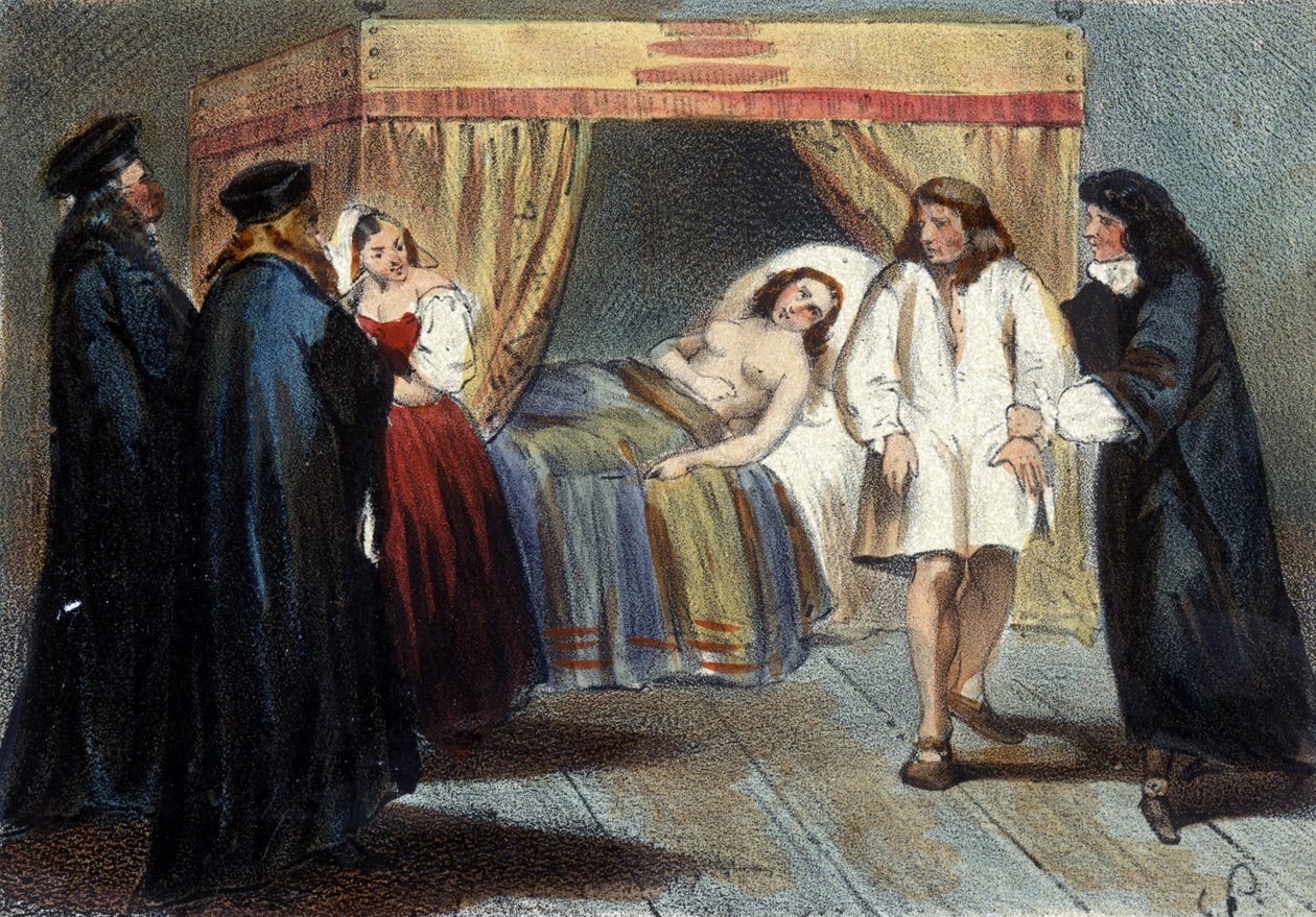 Jakso Mantovan herttua Vincent I Gonzaguen (1562 - 1612) miehuuden kokeesta hänen avioliitossaan François de Medicin tyttären Eléonoren kanssa vuonna 1584. Hänen epäiltiin, ettei hänellä ollut perillisiä. 1800-luvun litografia. tekijältä Unknown artist